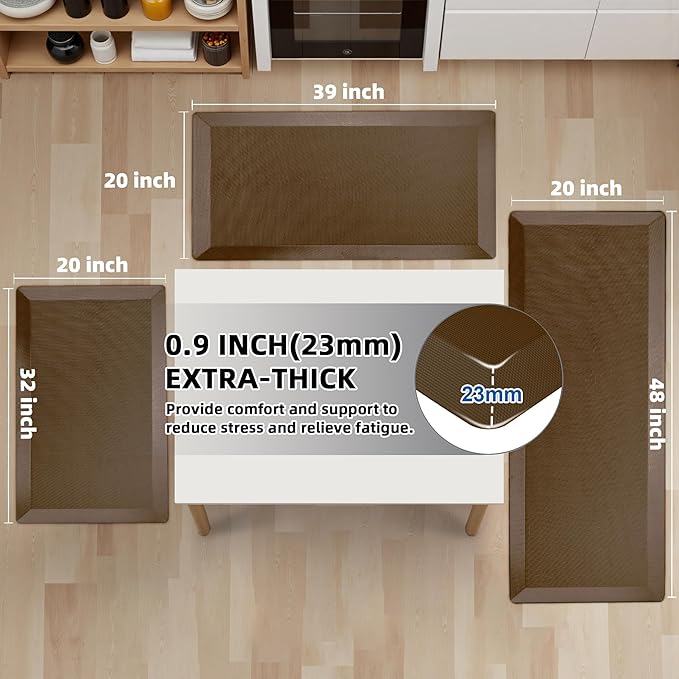 Anti Fatigue Kitchen Mats for Floor, Brown 9/10 Extra Thick Cushioned Standing Desk Mat, Comfort Memory Foam Ergonomic Kitchen Rugs and Mats Non-Slip Waterproof for Office, Kitchen, Sink, 20" x 32"