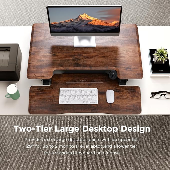 29" Electric Standing Desk Converter, Dyropcurv Series Height Adjustable Computer Desk Ergonomic Home Office Desk for Adults, Sit to Stand Desk with Quiet Motor, Vintage Brown