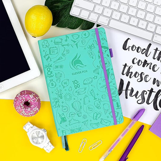 Clever Fox Dotted Journal 2.0 – Compact Planning and Sketching Dot Grid Notebook 120 GSM Thick, No-Bleed Paper – Planner with Pen Loop, Pocket, Ribbons, Stickers A5 - Light Turquoise