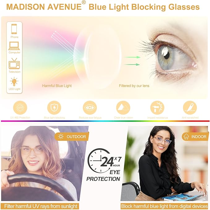 Madison Avenue Blue Light Blocking Glasses Anti Eyestrain UV Glare Blue Light Glasses for Women TV Phone Computer Gaming Eyeglasses (Clear)