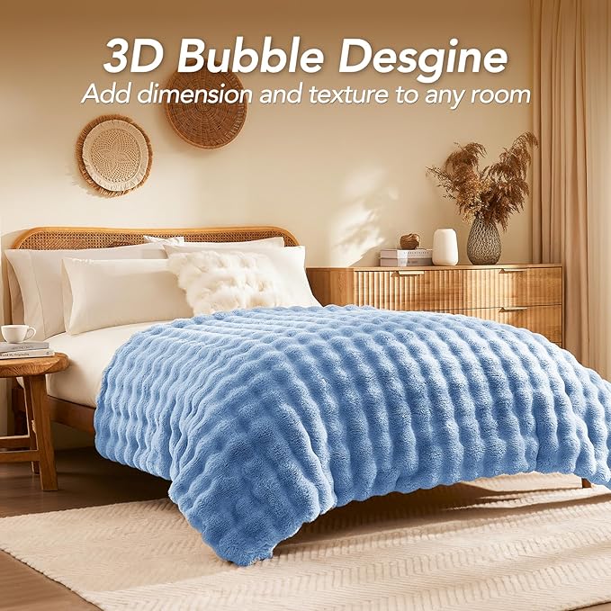 L'AGRATY Faux Fur Throw Blanket: 60" x 80" Luxury Soft Fluffy Rabbit Fur Blankets Twin for Couch Bed Sofa - Cozy Plush Bubble Blankets for Winter: Flannel Fleece Decorative Blanket(Airy Blue)