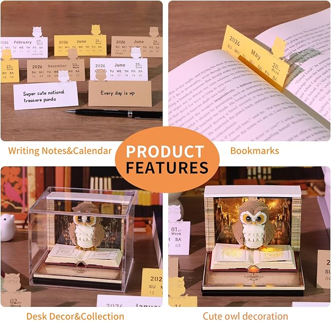 3D Timepiece Calendar 2026 Paper Art Memo Pad – Tear-Away Desk Calendar for Record, Planner & Habit Tracker, Bookmark, Gift & Decorative Office Decor (Owl)