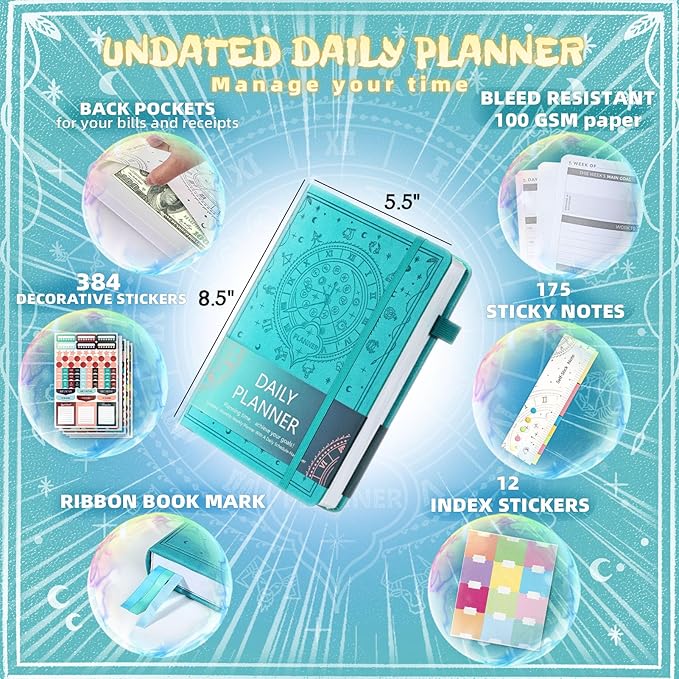 2025 Undated Academic Planner Hardcover (5.5x8.5") - Flexible Weekly & Monthly Organizer with Stickers, Productivity Journal for Students & Professionals(Turquoise)