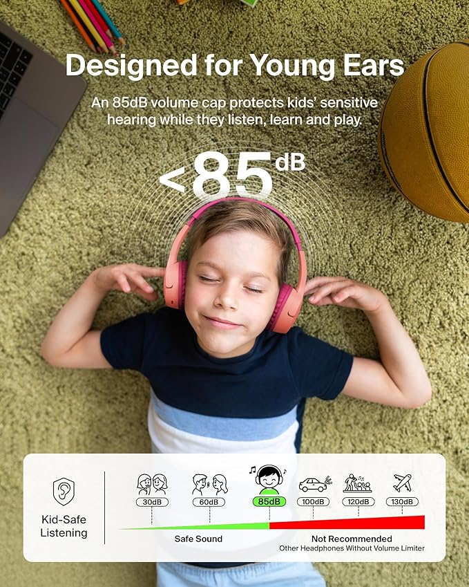 Belkin SoundForm Mini - Wireless Bluetooth Kids Headphones with 30H Battery Life, 85dB Safe Volume Limit, Built-in Microphone - Kids On-Ear Earphones for iPhone, iPad, Fire Tablet & More - Pink