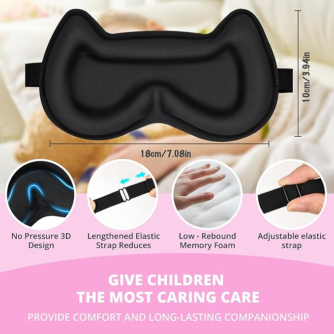 3D Kids Sleep Eye Mask: 3D Contoured Cup Sleeping Masks, Blindfold Sleep Eye Cover with Adjustable Strap, Memory Foam Lightweight Night Eyeshade for Boys Girls Teens (Rose Red)