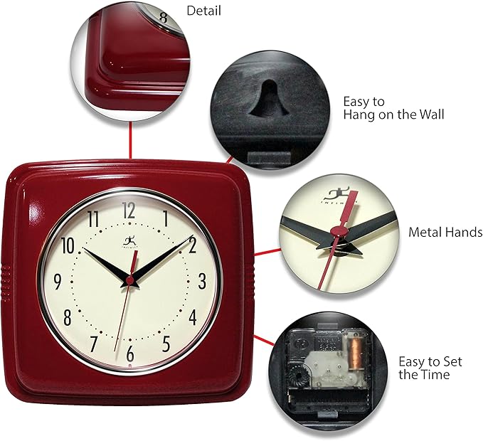 Infinity Instruments Square Silent Retro 9 inch Mid Century Modern Kitchen Diner Retro Wall Clock Quartz Sweep Movement (Red)