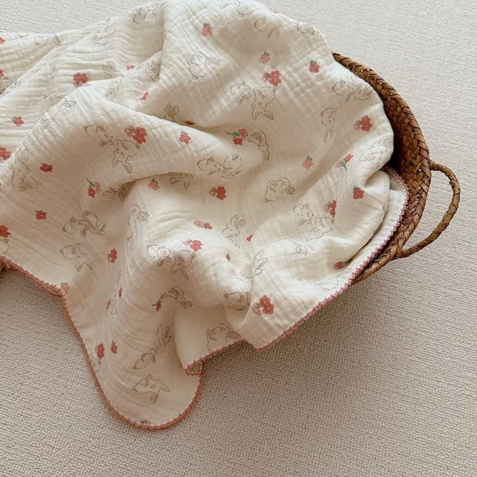 BuLuTu Baby Blankets for Girls Soft Lightweight Muslin Cotton Toddler Blanket Baby Quilts 2 Layer Gauze Cotton Nursery Blankets Crib Quilt,Bunny Pattern,47"x51"