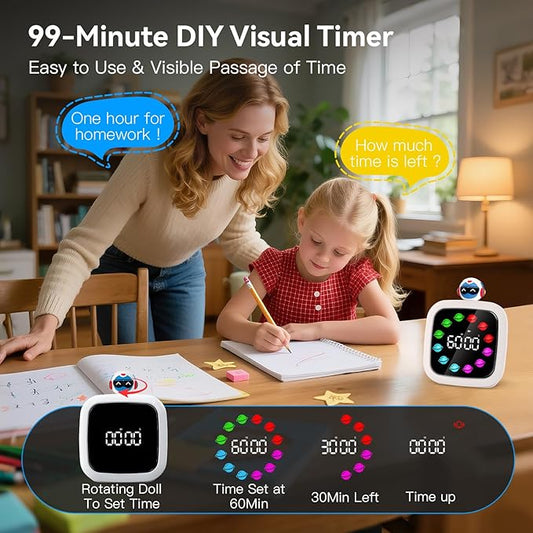 Yunbaoit Digital Visual Timer for Kids, Rechargeable 99-Minute Silent Countdown Timer with 19 Ringtones, 9 Optional DIY Color Planet Display, Time Management Tool with Pause Function (Robot)