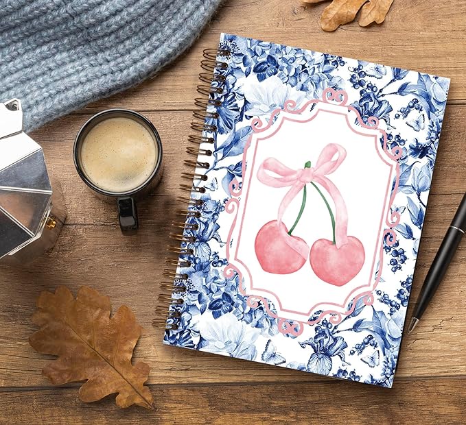 Coquette Blue Bow Notebook Journal,Girly Notebook for Women,Preppy Pink Cherry Notebook Journal,Blue Office Supplies,5.5x8.3 Inch
