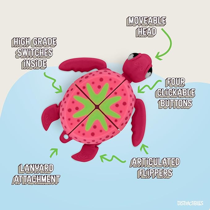 Distractible Turtle Fidget Toy, Articulating Design with Shell Clickers, Pocket-Sized & Durable, Stress Relief, ADHD, Autism & Stim (RED-Strawberry)