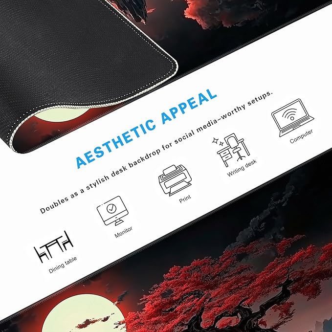 Japanese Desk Mat Red Full Moon Desk Pad Black Riverside Large Mouse Pad Gaming Mousepad Extended Keyboard Pad 31.5 x 11.8 in Laptop Computer Mouse Keyboard Mat for Office Desk Decor