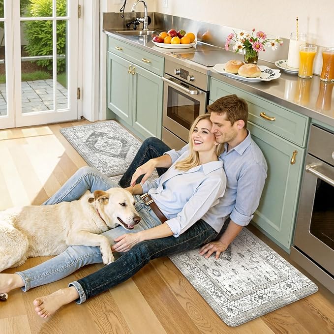 KIMODE Anti Fatigue Kitchen Mats, Boho Vintage Kitchen Rugs Sets of 2, Non Slip Waterproof Kitchen Floor Mats, Ergonomic Cushioned Standing Mats for Sink, Laundry, Desk Grey 20"x47"+20"x32"