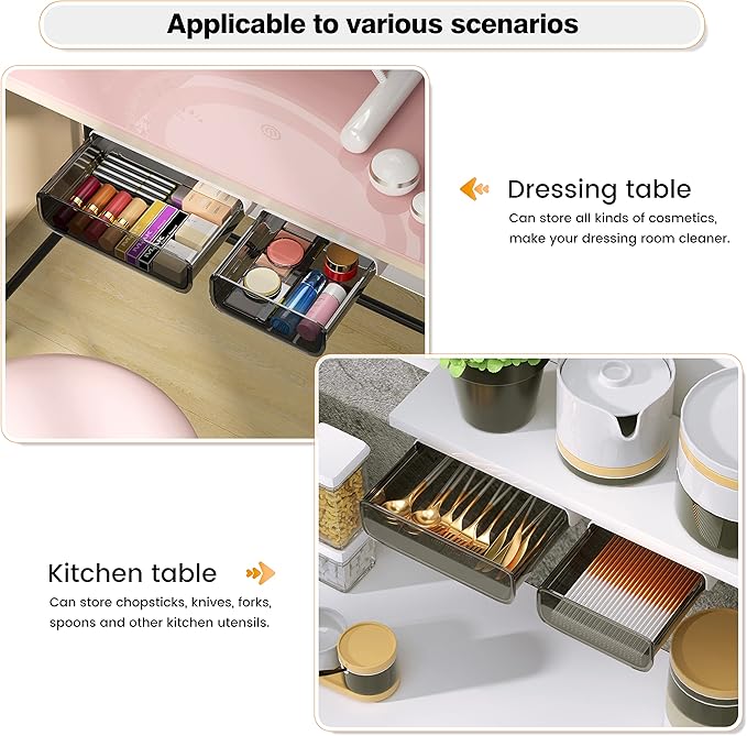 2 Pack Acrylic Self Adhesive Under Desk Drawer Slide Pull Out, Stick on Attachable Clear Black Plastic Storage Organizer, Hanging Mounted Attachment for Office, Kitchen, Cabinet, Table, Counter