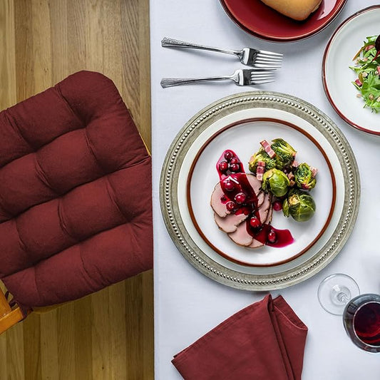 Barnett Home Decor Dining Chair Cushions with Ties – Size Medium 16.5 x 18 - Latex Foam Fill, 100% Cotton, Machine Washable Chair Pads for Kitchen Chairs, Made in USA (Cotton Duck Wine/Pack of 2)