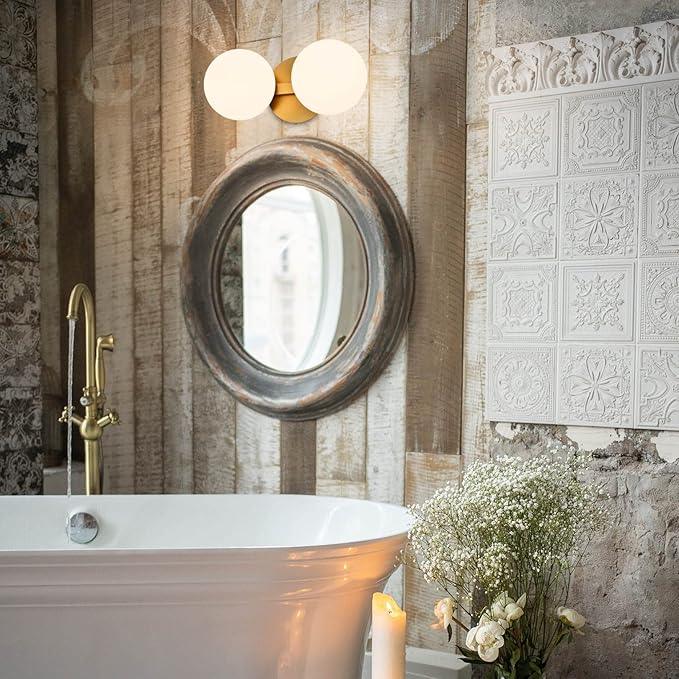 Bathroom Vanity Light Fixtures, Modern 2 Lights Globe Wall Sconce Lighting Aged Brass, Porch Wall Mount Light Fixture for Bathroom, Mirror Cabinets Hallway Stairs