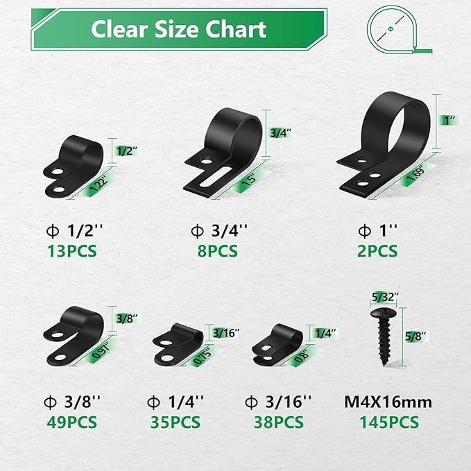 Cable Clips for Cable Management Cord Organizer, 6 Sizes 290 PCS Nylon R-Type, 3/16'' 1/4'' 3/8'' 1/2'' 3/4'' 1'' Black Plastic Screw Mounting Cord Fastener Clamp Assortment Kit with M4 Screws