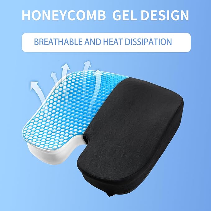 Seat Cushion for Office Chair, Gel & Memory Foam Chair Cushion, Sciatica & Coccyx Pain Relief Cushion for Long Sitting Office Workers, Car Drivers