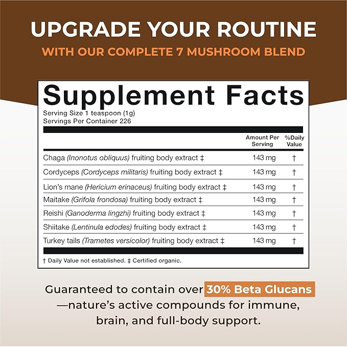 Sacred 7 Mushroom Coffee Booster | Organic Mushroom Supplement Powder – Lions Mane, Reishi, Chaga & More | Adaptogen + Nootropic | 100% Fruiting Bodies | Mix with Coffee,Tea, Smoothies - 226 Servings