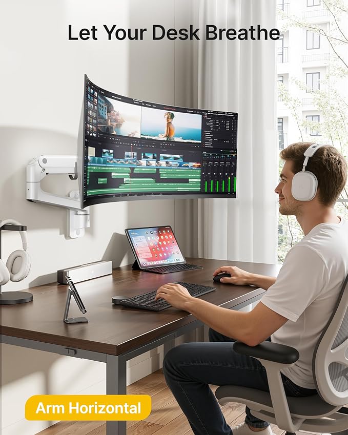 monTEK Monitor Wall Mount for 17-57“ up to 59.4 lbs Ultrawide Screens, Single Heavy-Duty Aluminum Gas Spring Monitor Arm with Full Motion Adjustment, VESA 75x75/100x100 Compatible, White