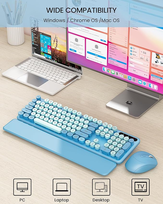 Wireless Keyboard and Mouse Combo - Cute Typewriter Keyboard with Detachable Wrist Rest, Retro Round Keycaps, Foldable Legs, 2.4GHz Full-Size for PC, Laptop, Windows - Trueque (Glacier Blue)