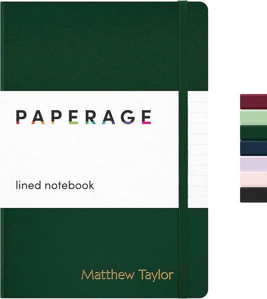 PAPERAGE Personalized Lined Journal Notebook for Writing - Customizable Text in Embossed Metallic Gold Foil, 160 Pages, 100 GSM Thick Paper, Leather Hardcover, 5.7 inches x 8 inches, Dark Green