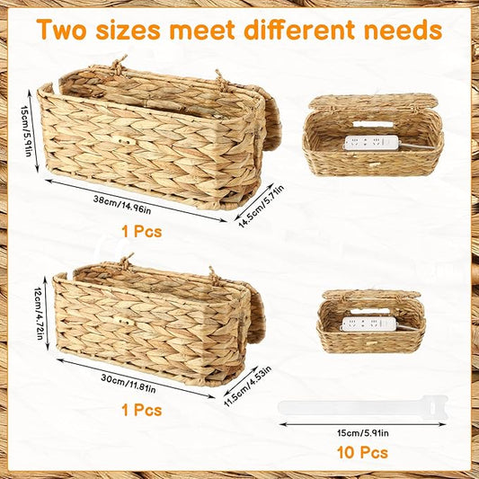 2 Pack Wicker Cable Management Box with Lid, Rattan Cord Organizer Cable Hider Storage Box with 2 Open Slots for Home Office Desk Cord Hider Computer TV Wires USB Hub