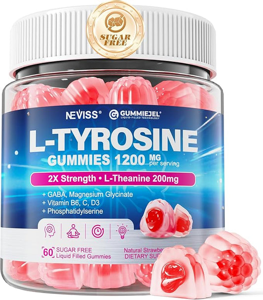 L Tyrosine Gummies Supplement 1200mg, GABA L-Theanine Supplement 200mg with Magnesium Glycinate Vitamin B6, D3 & C - Calm & Focus Gummies - Brain Supplements for Memory, Mood & Relax for Adults, Vegan