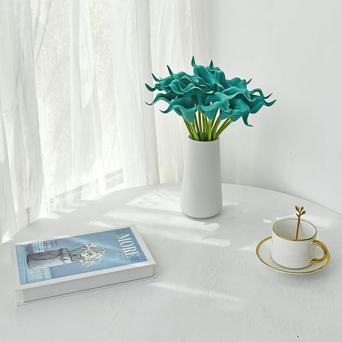 Mandy's PU Teal Calla Lily Artificial Flowers 20 Stems 13.5in Faux Realistic Centerpiece DIY Bridal Bouquet Home Décor