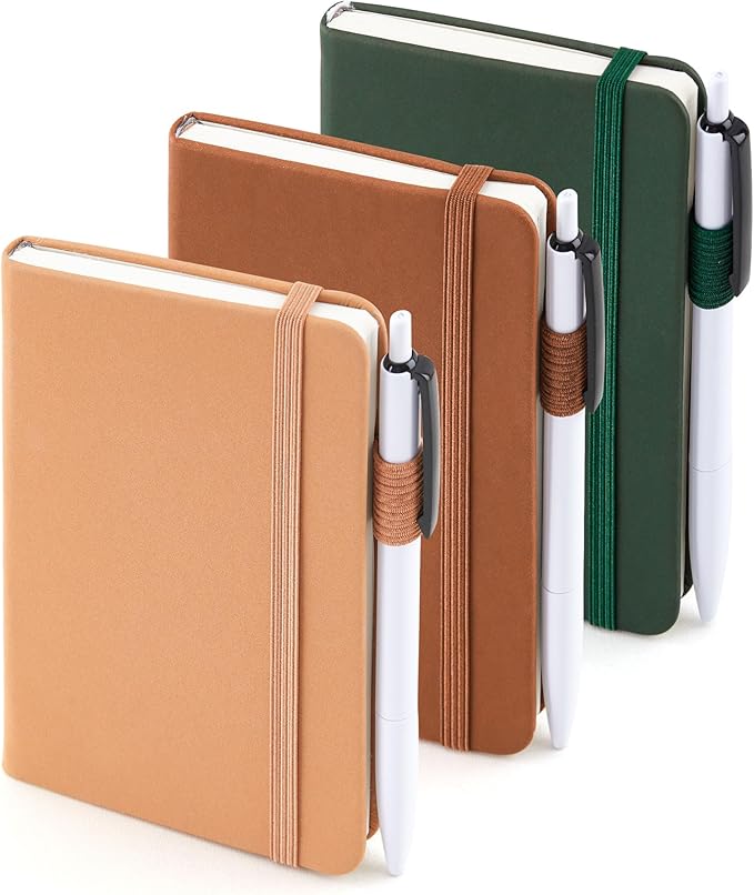 feela Pocket Notebook Journals, Mini Cute Small Hardcover College Ruled Notepad Office School Supplies, with 3 Black Pens, 3.5”x 5.5”, 3 Pack, A6, Vintage Colors