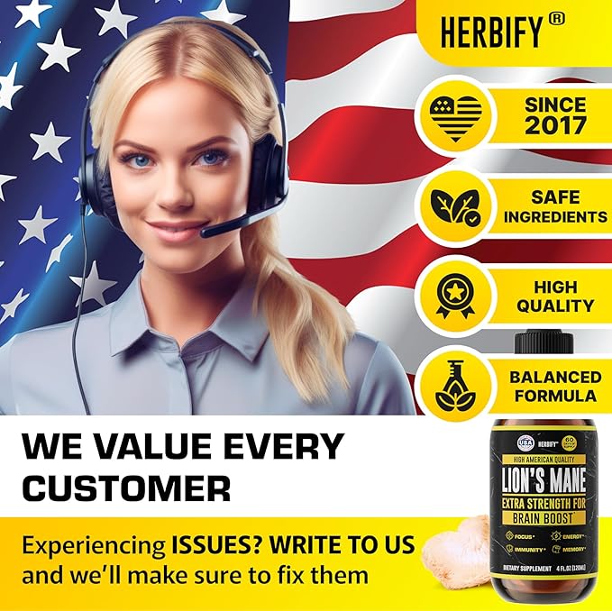 HERBIFY Lions Mane Supplement - Daily Mushroom Supplement for Memory, Focus & Clarity - Brain Booster - Lions Mane Tincture for Immune Support - 4 Fl oz