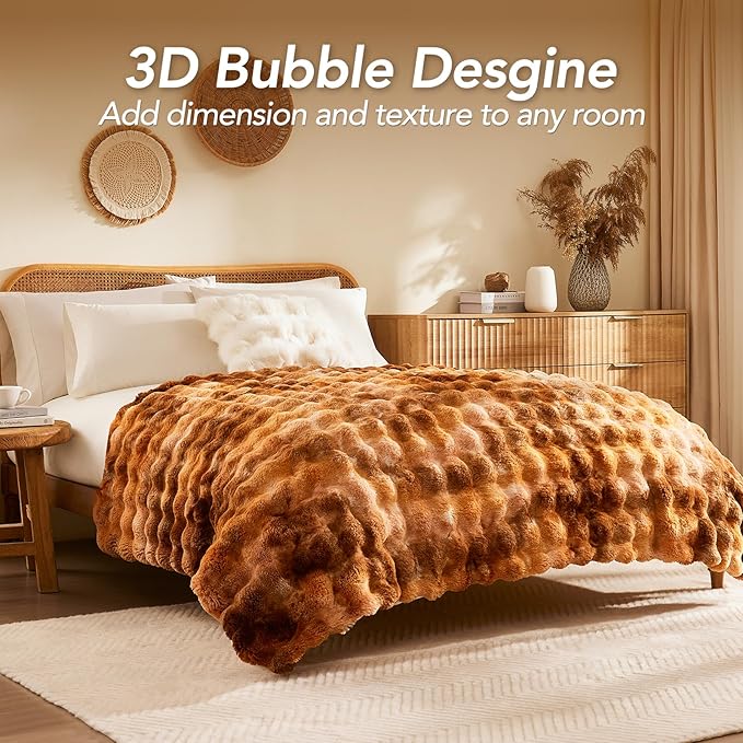 L'AGRATY Faux Fur Throw Blanket: 60" x 80" Luxury Soft Fluffy Thick Rabbit Fur Blankets for Twin Bed Couch - Cozy Plush Bubble Blankets for Home Decor: Warm Flannel Fleece Decorative Blanket