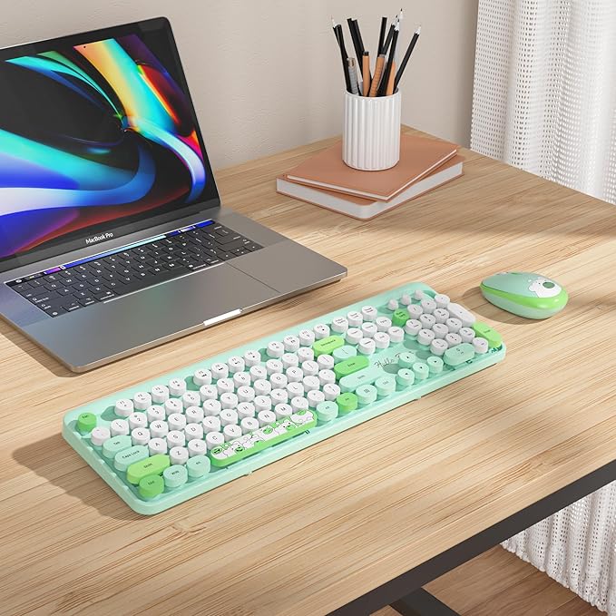 GTSP Green Typewriter Wireless Keyboard and Mouse, Office Full-Sized Colorful 2.4G Cute Aesthetic Keyboard for Computer, Laptop, PC Desktops（Green）