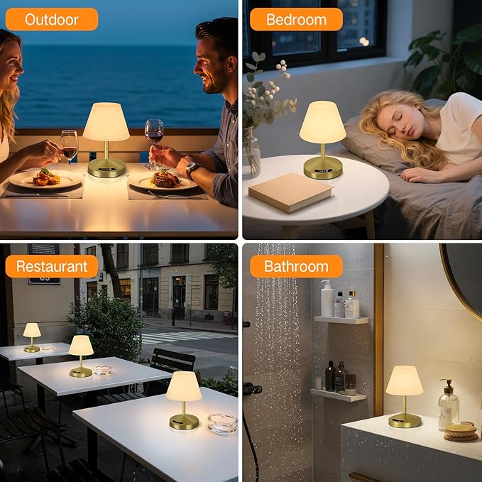 OUTON Rechargeable Cordless Waterproof Shower & Table Lamp with USB Output, Touch Dimming, 3 Colors, Power Indicator & Memory Function, LED Desk Lamp, Battery Operated Light for Indoor & Outdoor, Gold