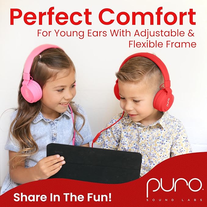 Puro Sound Labs PuroBasic Wired Headphones for Kids - Volume-Limiting & Adjustable with Microphone – Compatible with Smartphones, Tablets, PCs, and More – Safe, Durable Headphones for Kids – Red