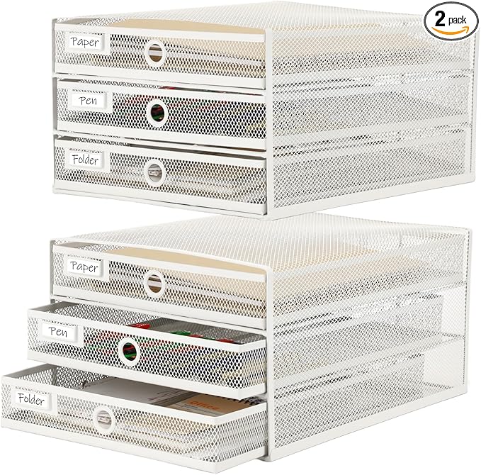 Zhanmai 2 Pcs Desk Organizer with Drawer Total 6 Tiers, Wire Mesh Organizers Tray Multifunctional Paper Sorter File Stand for Home Office Supplies Storage Letter A4 Paper Office Accessories(White)