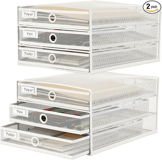 Zhanmai 2 Pcs Desk Organizer with Drawer Total 6 Tiers, Wire Mesh Organizers Tray Multifunctional Paper Sorter File Stand for Home Office Supplies Storage Letter A4 Paper Office Accessories(White)