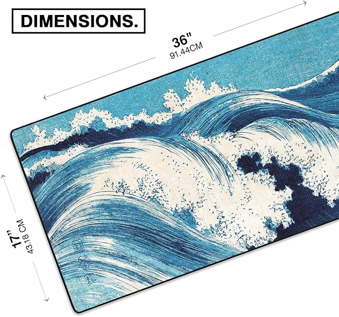 MPCO. Ukiyo-E Large Gaming Desk Pad - 36" x 17" Aeroglyde Fabric Ocean Waves Desk Mats - Washable, Smooth Glide for Precision Gaming & Work