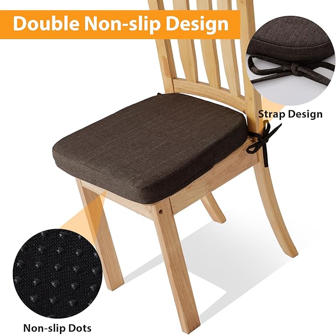 Chair Cushions for Dining Chairs, 2" Thick Seat Cushions for Kitchen Chairs, D-Shaped Chair Pads with Washable Cover, Ties and Non Slip Backing, 17'' x 16'', Set of 4, Brown