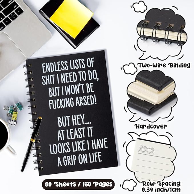 Funny Spiral Journal Notebook - 1Pcs ENDLESS LISTS Humorous Quote A5 Spiral Notebook Black Hardcover Diary Notepad Office Coworker White Elephant Gift College Student Gift Birthday Party Favor
