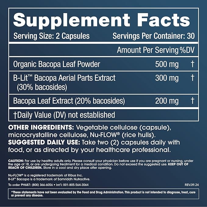 ProHealth Full Spectrum Bacopa Supplement | 1000mg High Potency Formula | Triple Lab Tested for Purity & Quality | 60 Vegetable Capsules for Memory Support, Focus, Stress Relief & Cognitive Health