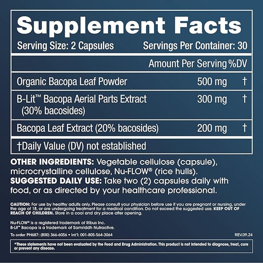 ProHealth Full Spectrum Bacopa Supplement | 1000mg High Potency Formula | Triple Lab Tested for Purity & Quality | 60 Vegetable Capsules for Memory Support, Focus, Stress Relief & Cognitive Health