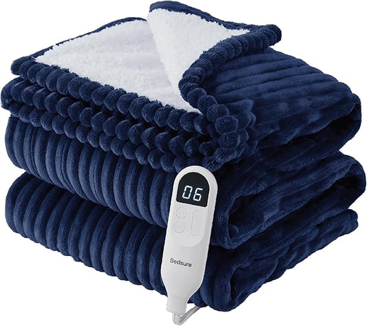 Bedsure GentleSoft Electric Blanket Twin - Soft Ribbed Flannel Heated Blanket, Heating with 10 Time Settings, 6 Heat Settings, and 8 hrs Timer Auto Shut Off, Gifts for Grandma (62x84 inches, Navy)