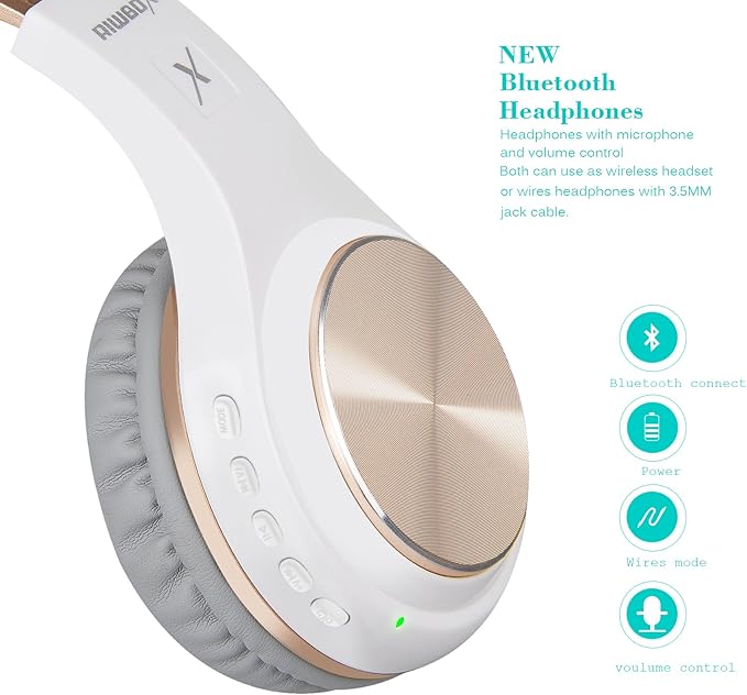 Riwbox Bluetooth Headphones, XBT-80 Folding Stereo Wireless Bluetooth Headphones Over Ear with Microphone and Volume Control, Wireless and Wired Headset for PC/Cell Phones/TV/Gym (White Gold)