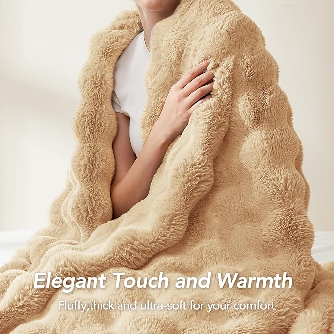 L'AGRATY Faux Rabbit Fur Blanket: 50" x 60" Luxury Soft Fluffy Thick Fur Throw Blanket for Couch Bed - Cozy Plush Bubble Blankets for Winter: Warm Flannel Fleece Decorative Blanket(Milk Tea Brown)
