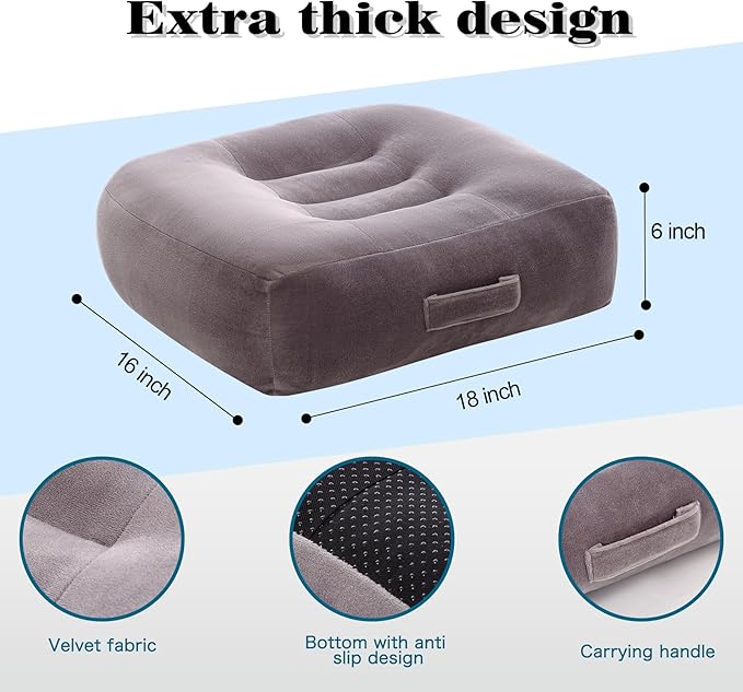 Extra Large Seat Cushion, Thick Chair Cushion Booster for Office Chair, to Rise Height, Velvet Cover with Handle and Anti-Slip Bottom, PP Cotton Filling, Coccyx Pain Relief (Grey, X Large)
