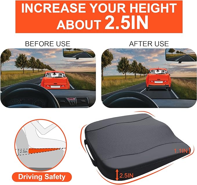 Car Seat Cushion, Comfort Memory Foam Car Cushions for Driving - Sciatica & Lower Back Pain Relief, Driver Seat Pillow for Auto, Office Chair, Wheelchair - Classic Black