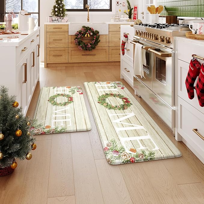 KIMODE Christmas Kitchen Mat 2PCS,Anti Fatigue Farmhouse Kitchen Rugs Non Slip,Waterproof Kitchen Floor Mat,Cushioned Comfort Standing Mat,Christmas Decorations for Home Kitchen