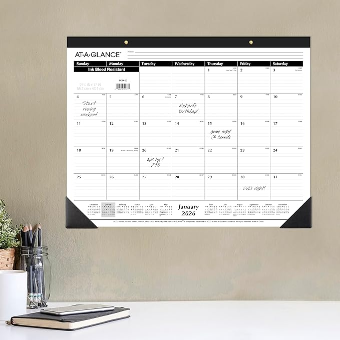 AT-A-GLANCE 2026 Desk Calendar, Monthly, Desk Pad, 21-3/4" x 17", Large, Ruled Blocks (SK240026)
