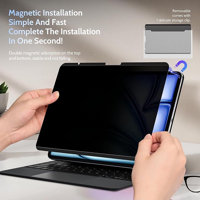 4-Way Magnetic Privacy Screen for iPad Air 13 Inch 2024/2025 (M2/M3, 6th/7th Gen), Removable 360 Spy Private Filter, Anti Blue Light Glare Bubble-Free Easy Install Black Screen Protector
