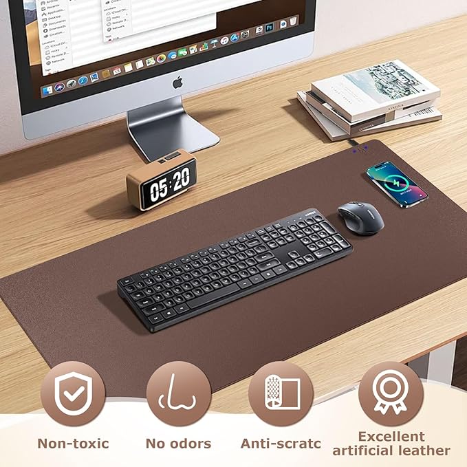 Wireless Charging Mouse Pad Firelison 2 in 1 Leather Multifunctional Office Desk Pad with Non-Slip Rubber Base, Waterproof Desk pad for Computers/Office/Work/Home/Decor（ 36" x 17"Brown - R）